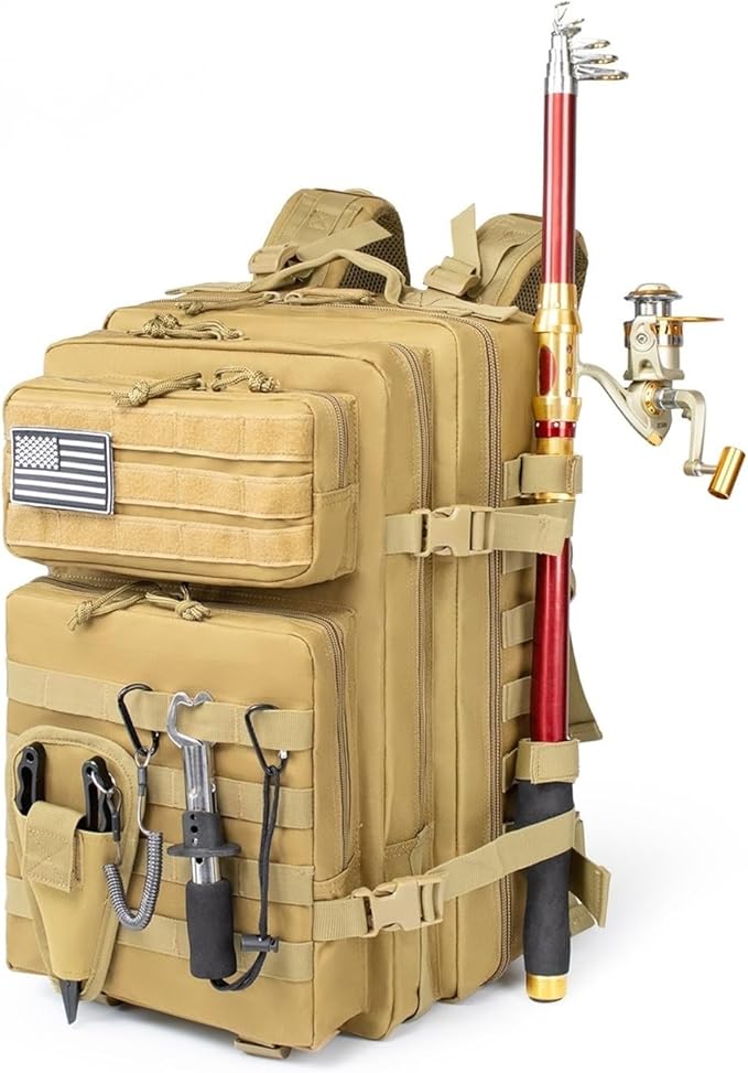 45L Fishing Hunting Bag Tactical Backpack Men's Travel Large Capacity Rucksacks Men Waterproof Outdoor(Khaki)