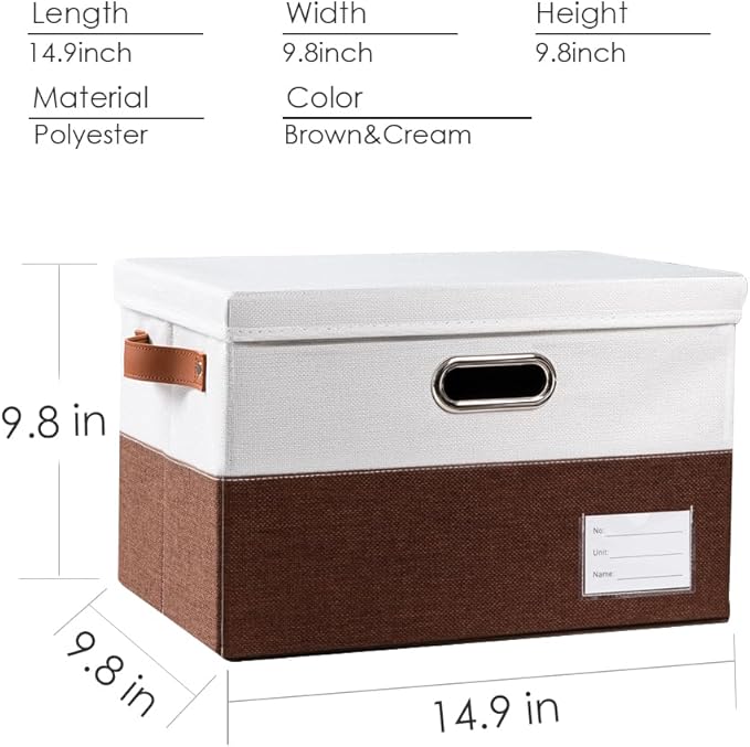PRANDOM Foldable Storage Bins with Lids [3-Pack] Fabric Collapsible Storage Boxes Baskets Cubes Containers with Handles for Closet Living Room Bedroom (Brown &amp White 14.9x9.8x9.8'')