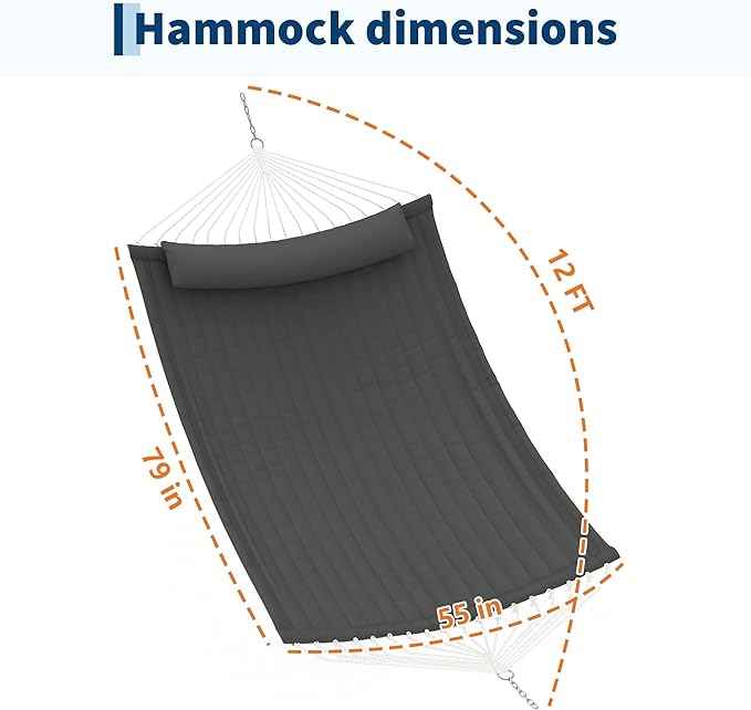 12 FT Double Quilted Fabric Hammock with Spreader Bar &amp Detachable Pillow 450 LBS Capacity 2 Person Hammock Indoor Outdoor for Patio Backyard Poolside Garden