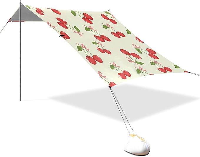 xigua Cherry Beach Tent Sun Shelter with Carrying Bag - Silver Coated Oxford Fabric Beach Canopy for Beach Camping Fishing - Includes Windproof Ropes Sandbags &amp Stakes