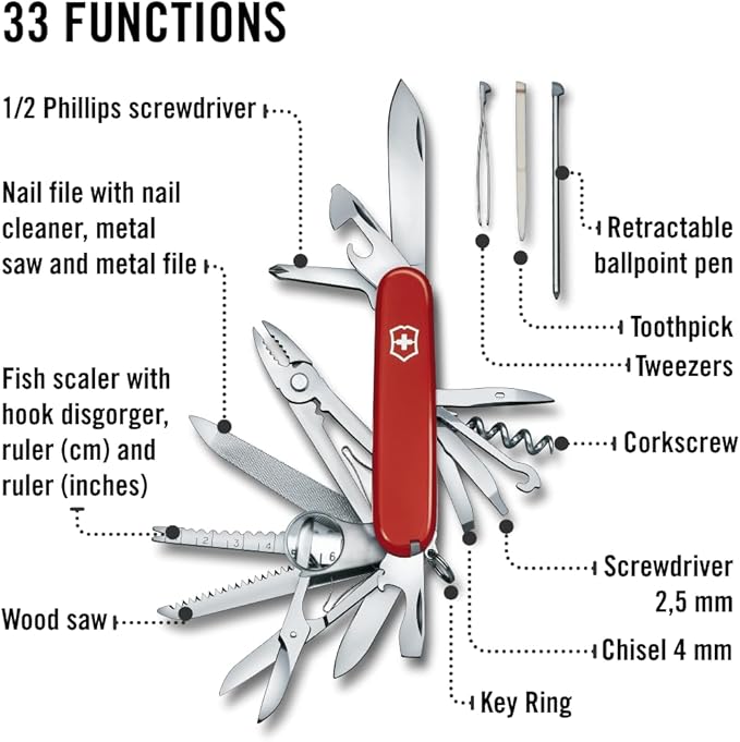 Victorinox Swiss Champ Swiss Army Knife 33 Functions Swiss Made Pocket Knife with Large Blade Screwdriver Chisel and Combination Pliers - Red