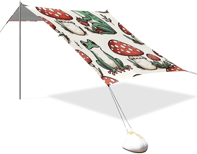 Frogs and Mushrooms Beach Tent Sun Shelter Set UPF50+ UV Protection 10.5 x 9.19 FT Camping Shade Canopy with Sandbags Sand Anchors Carrying Bag and Others