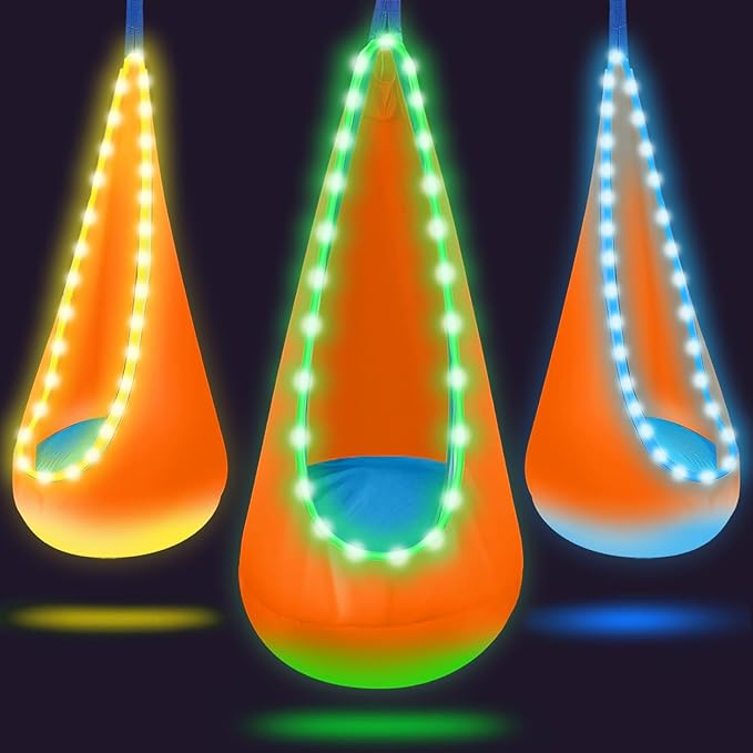 Light Up Swing Chair Hammock Chair Indoor Outdoor for Kids Pod with LED Lights Soft and Safe 176 lb. Load Capacity Easy Installation Perfect for Bedroom Garden and Playroom (Orange)