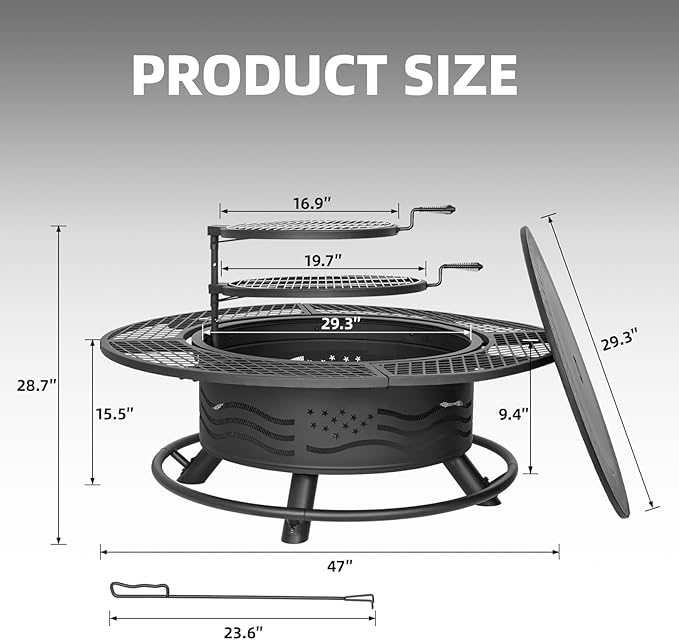 Panovue 47 Inch Fire Pit with 2 Cooking Grates Outdoor Wood Burning BBQ Grill Firepit Bowl with Cover Lid Steel Round Table for Backyard Bonfire Patio Picnic (Black 47IN)