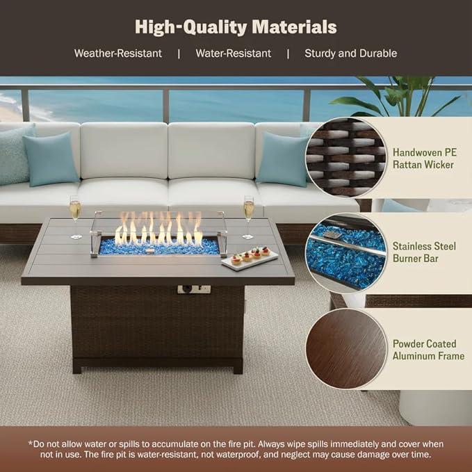 52-Inch Propane Fire Pit Table Rectangular 50000 BTU Outdoor Gas Fire Pit for Patio &amp Backyard Aluminum Frame 2-in-1 Firepit Dining Table with Glass Wind Guard Rain Cover and Blue Glass Rocks Bro