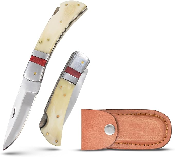 7 Handmade Folding Pocket Knife – 3 440 Stainless Steel Clip Point Blade – Silver Bolster – Genuine Leather Sheath Included (Bone &amp Wood)