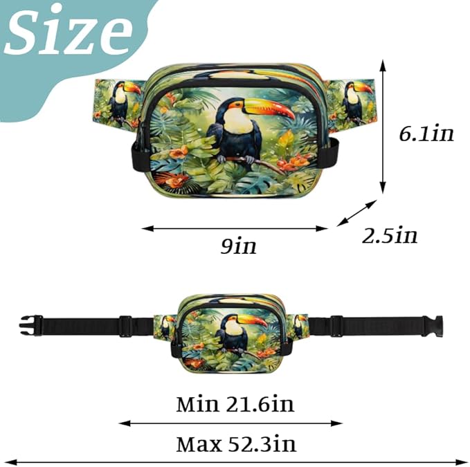 Tropical Leaf Flower Parrot Watercolour Waterproof Fanny Pack for Women Men Adjustable Waist Bag with Double Zipper Pockets Lightweight Square Hip Pack for Running Travel Hiking Workout Cycling