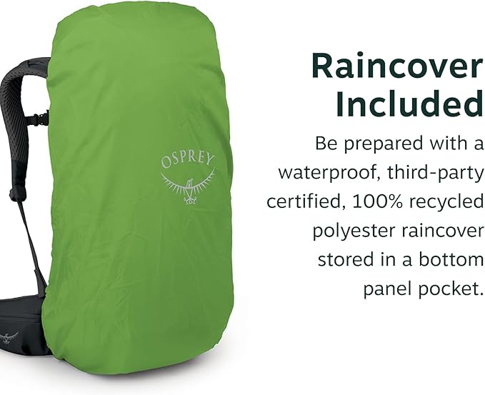 Osprey Kestrel LT 65L Men's Backpacking Backpack - Lightweight Hiking &amp Camping Bag with Waterproof Raincover Black