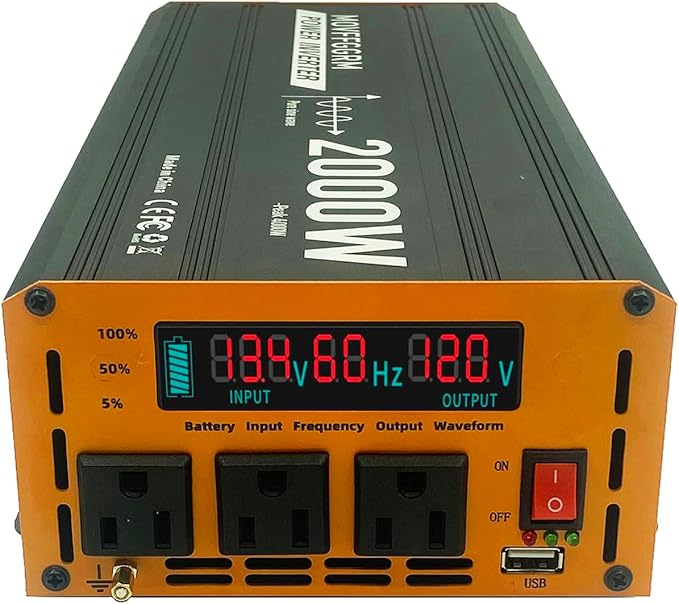 2000W Pure Sine Wave Power Inverter peak-4000 WattDC 12V to 110Vwith 3xACUSB PortLCD Digital Display