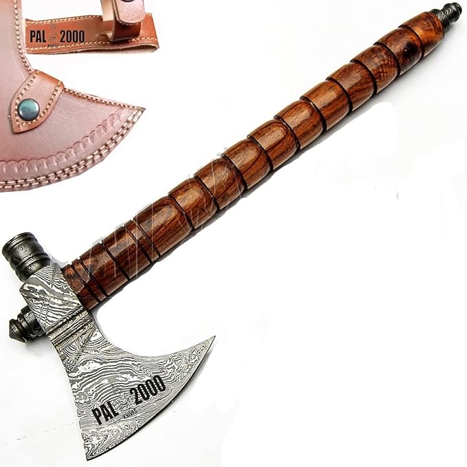 PAL 2000 KNIVES Custom Handmade Damascus Steel Axe - Hatchet Tomahawk Axe Knife Solid Rose Wood Handle - Inch - Ax