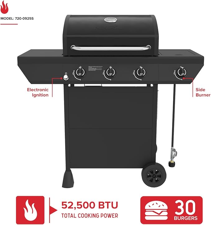 Nexgrill 3-Burner Propane Gas Grill with Side Burner 52000BTUs 418 SQ. In. Cooking Space BBQ Grill with Durable Steel Lid &amp Control Panel for Outdoor Cooking Patios and More - 720-0925S