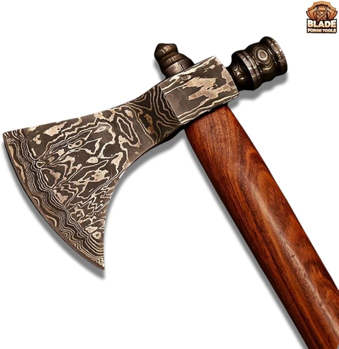Damascus Axe Damascus Head with Rosewood Handle Comfortable Grip Comes with Leather Sheath Best for Display and Gift for Your Loved Ones
