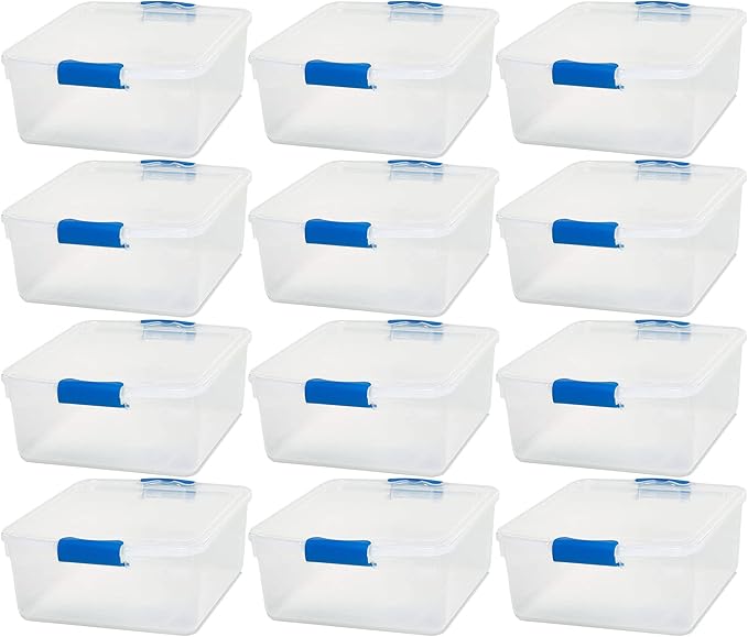 HOMZ 12-Pack Secure Latch Clear Plastic Storage Organizer Bins 15.5 Quart Blue - Stackable Container Boxes for Bedroom Bathroom Garage and Office Organization
