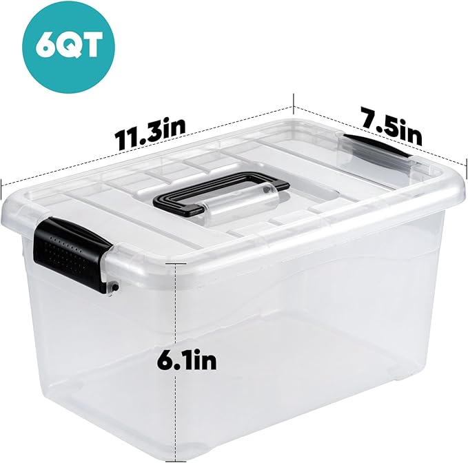 Nazhura Plastic Storage Bin Stackable and Nestable Storage Boxes with White Lids and Secure Latching Buckles Large Storage Container (CLEAR 6QT 12PACK)