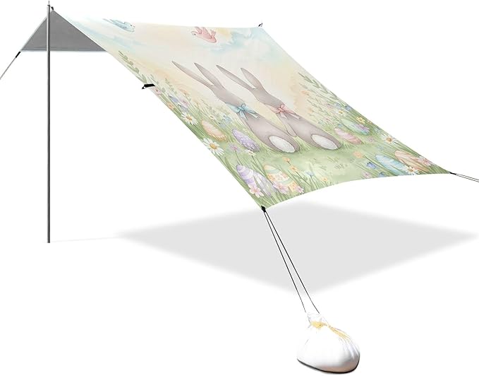 Easter Bunny Beach Canopy Sun Shelter with Sandbags &amp Sand Shovel &amp Windproof Ropes - Portable 110x126 Beach Shade Beach Tent for Camping Picnics