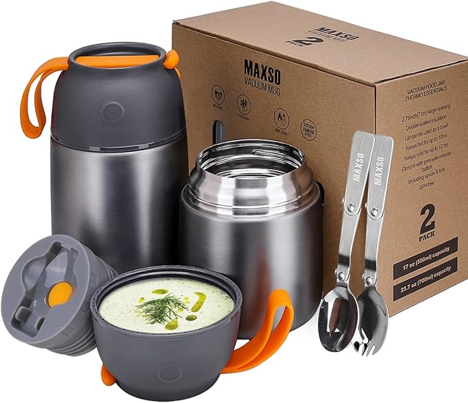 MAXSO 2 Pack Soup Thermo for Hot &amp Cold Food for Kids Adults Vacuum Insulated Food Jar Thermal Lunch Containers Travel Food Flask with Spoon (24 oz17 oz) (Grey)