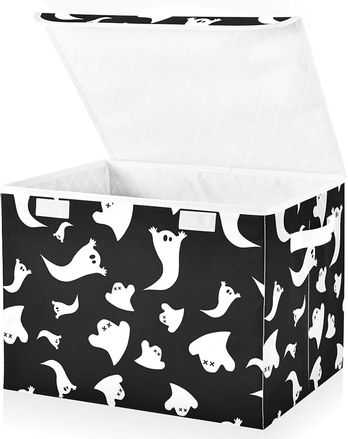 Halloween Ghost Lidded Home Storage Bins Closet Storage Bins Foldable Oxford Fabric Storage Box for Home Bedroom Closet Office (16.5x12.6x11.8 in)