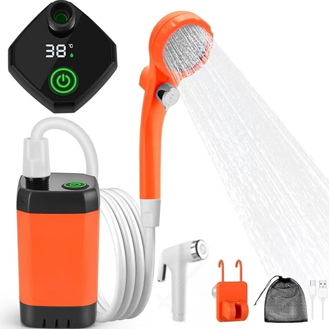 Portable Camping Shower 6000mAh Rechargeable Camping Shower with Intelligent Digital Display Outdoor Camp Pump 4 Spray Modes Camping Shower Pump for Hiking Travel Car Pet Orange