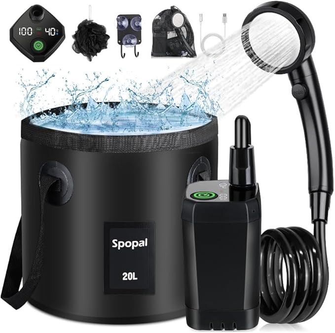 Portable Shower for Camping Rechargeable Camping Shower with Collapsible Bucket with Handle 20L Intelligent LED Display 4 Spray Modes Outdoor Shower Kit for Hiking Travel Car Pet 【Black】