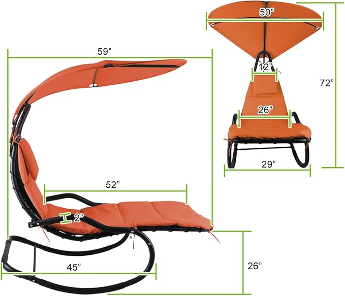 Outdoor Hammock Rocking Chaise Lounge Swing Chair with Stand and Canopy Porch Swing w/Soft Cushion Removable Headrest Outdoor Recliner Rocking Chair for Garden Backyard Poolside (Orange)
