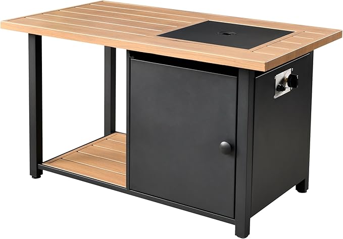 OVIOS 46 Inch Outdoor Patio Fire Pit Table 50000 BTU Heater Metal Steel Frame Propane Firepits with Storage Space Wood-Like Tabletop Waterproof Cover Lid Lava Rock Black