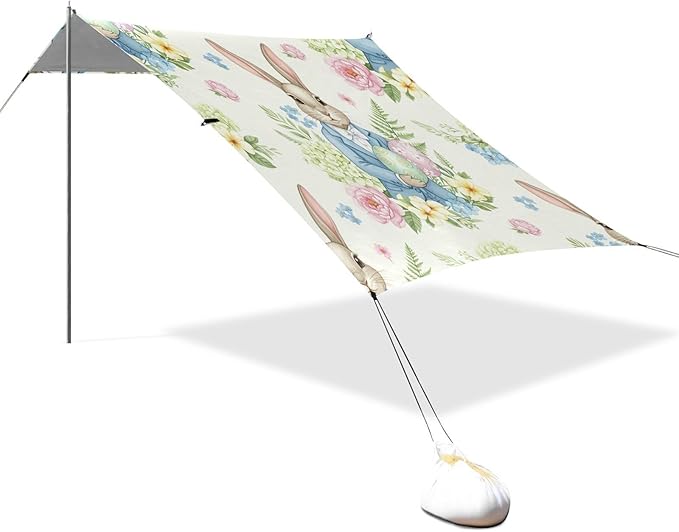 xigua Easter Bunny Beach Tent Sun Shelter with Carrying Bag - Silver Coated Oxford Fabric Beach Canopy for Beach Camping Fishing - Includes Windproof Ropes Sandbags &amp Stakes