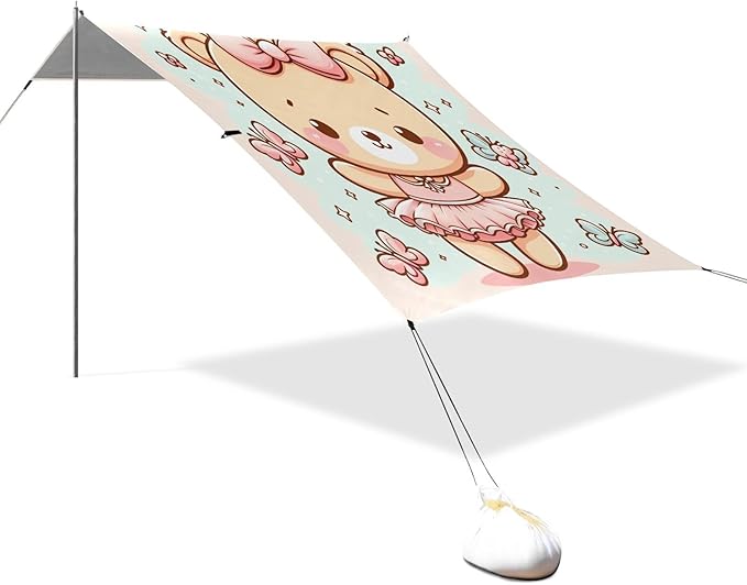 Cute Bear with Bow Beach Tent Sun Shelter Set UPF50+ UV Protection 10.5 x 9.19 FT Camping Shade Canopy with Sandbags Sand Anchors Carrying Bag and Others