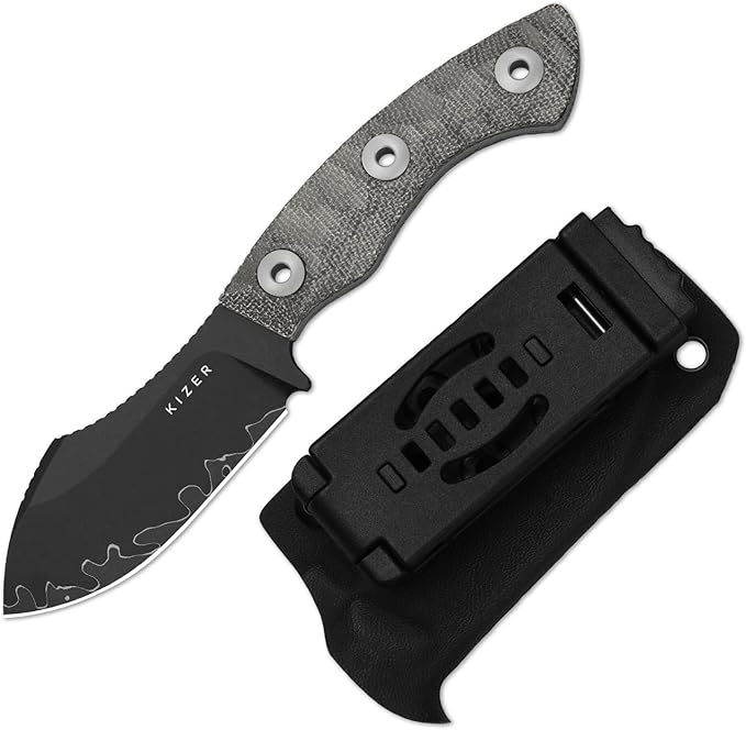 Kizer Rook Fixed Blade Knife 3.11 Nessmuk-Style 3-Layer Steel Hunting Knives with Gray Norplex UltreX™ Micarta Handle Bushcraft Knife with Sheath &amp TekLok for Camping Survival 1090A2