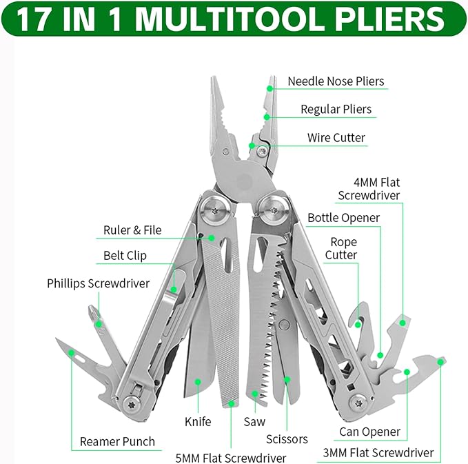Multitool with Pocket Knife 28-in-1 Stainless Steel Needle Nose Pliers with Screwdrivers Self-locking Multi tool EDC Gear with Sheath Ideal for Survival Outdoor Camping