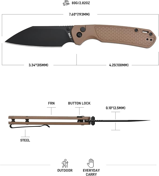 CJRB Pyrite-Light Pocket Knife 3.34'' Upgraded AR-SFII Steel Blade FRN Handle Sharp EDC Knives for Camping Survival Hiking(J1945 Brown)