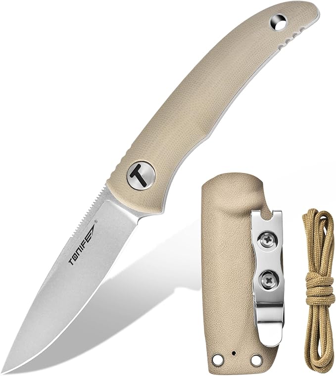 TONIFE Nova 2.68'' Blade Mini Neck Knife Full Tang Fixed Blade Knife with Kydex Sheath and Adjustable Paracord Lanyard for Camping Outdoor Survival Tool (Warmer Sand+Stonewash)