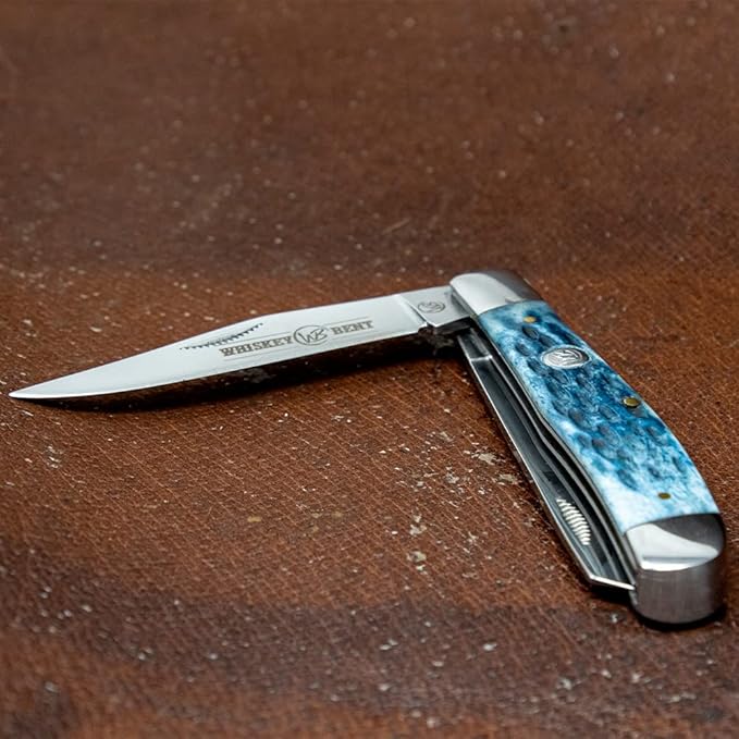 WHISKEY BENT HAT CO. Traditional Trapper Folding Pocket Knife 4.125 Closed Length 440C Stainless Steel Blades (Blueberry)