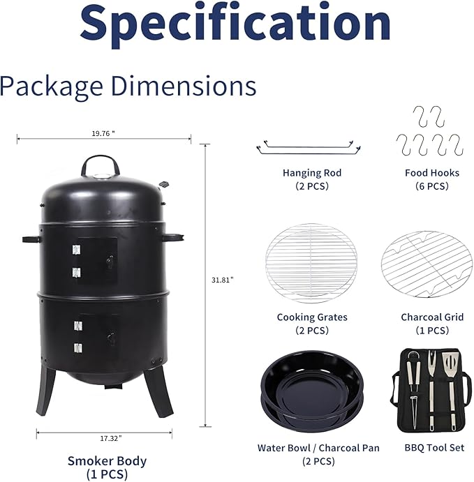 16 inch Vertical Charcoal Smoker Mini BBQ Grill Fire Pit 3-in-1 with Built-in Thermometer Adjustable Air Vent Idea for Parties Backyard Patio Camping