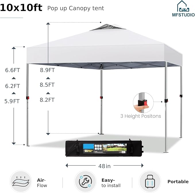 MFSTUDIO 10x10 Pop Up Canopy Tent Gazebo Shelter Sun Shade Canopies Waterproof Patio Portable Popup Tents for BeachPartiesCamping100 SqWhite