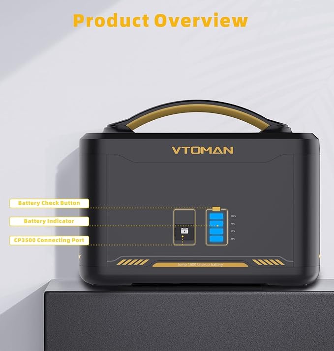 VTOMAN 2376Wh Portable Power Station Jump 1500X Solar Generator with Extra Battery 3000W Peak Durable LiFePO4 (LFP) Battery Station with 1500W AC Outlets PD 100W for Home Backup &amp RV/Van Campin