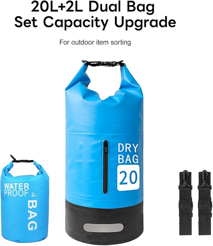 doorslay 20L Watertight Dry Bag Backpack - Roll Top PVC Kayaking Bag with Front Pocket for Swimming Camping Hiking &amp Beach Activities (20L+2L)