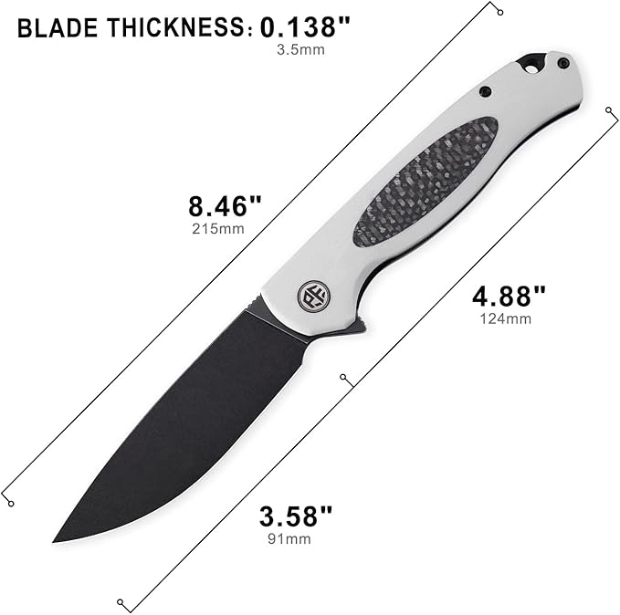 Petrified fish PFB03 Stamp Pocket Knife 3.58 D2 Black Stonewashed Blade 4.79 oz G10 Handle Flipper Liner lock Folding Knife (White &amp Black Stonewashed)