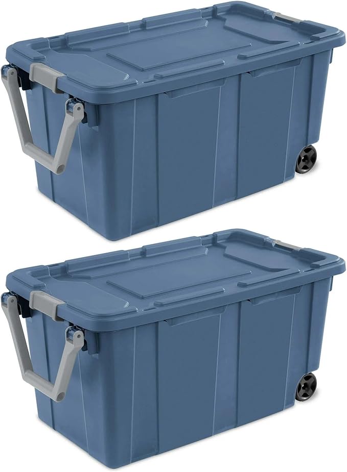 40 Gallon Wheeled Industrial Tote Rugged Plastic Storage Bin Latch Lid Blue 2 Count