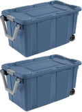 40 Gallon Wheeled Industrial Tote Rugged Plastic Storage Bin Latch Lid Blue 2 Count