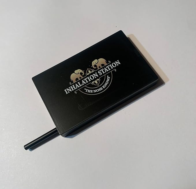 Inhalation Station Black 7 Compartment/Slot Snuff Storage Box w/Built in Slim 3 Metal Straw Portable Travel Case