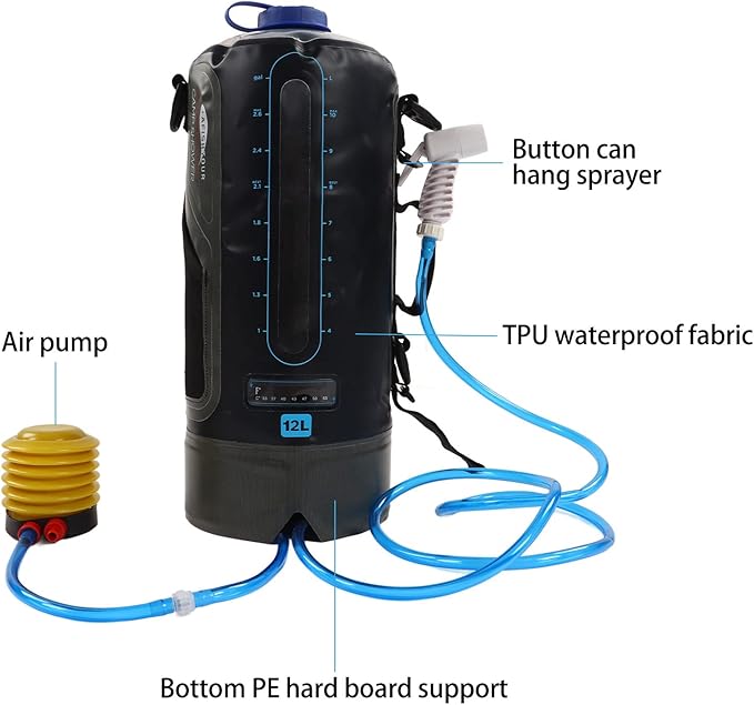 flexman 12L Camping Shower Portable Foldable Bath Bag Kit with Pump and Water Tube Camping Shower Bag for Travel Camping Barbecue Hiking Bathing Pets