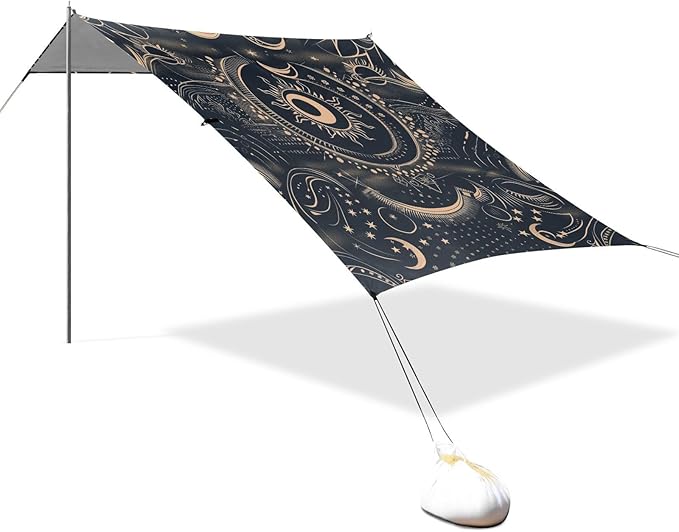 ALAZA Mystical Boho Geometric Sun Moon Stars Concentric Beach Tent Sun Shelter Portable Canopy Sunshade for Outdoor Camping Picnics Backyard Fun 10x9 ft