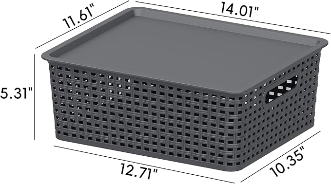 13 Quart Plastic Storage Baskets with Lid Weave Organizing Bins Gray 6 Packs