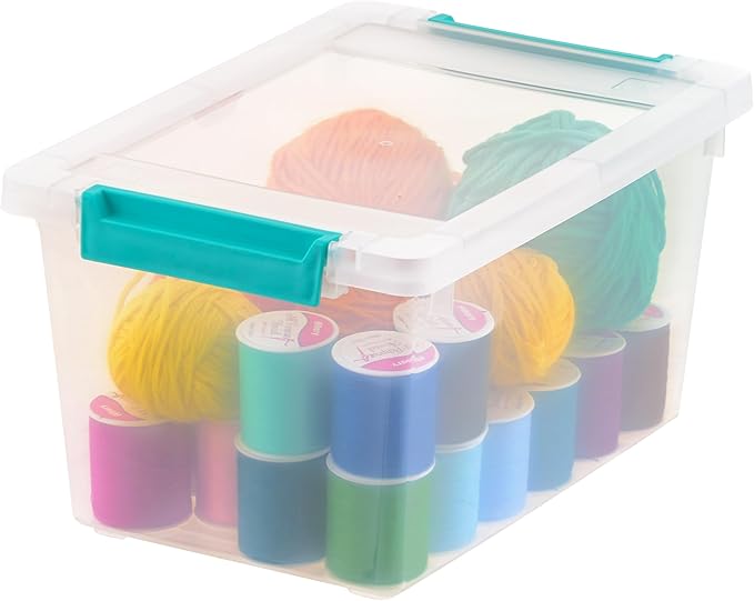 IRIS USA 4 Qt. Craft Storage Bins with Lids 6-Pack |Made in USA| Clip Box Small Plastic Sensory Bin Tote Organizer Containers for Art Supplies Paper &amp Office Stackable - Clear/Seafoam Blue