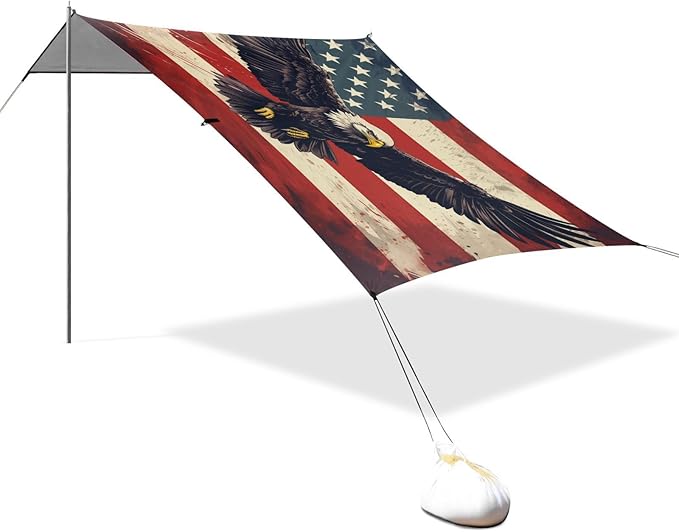ALAZA American Flag Eagle Flying Beach Tent Sun Shelter UPF50+ Protection Beach Shade Canopy w/ 4 Sandbags for Outdoor Camping Fishing Backyard Fun Picnic 10x9 ft