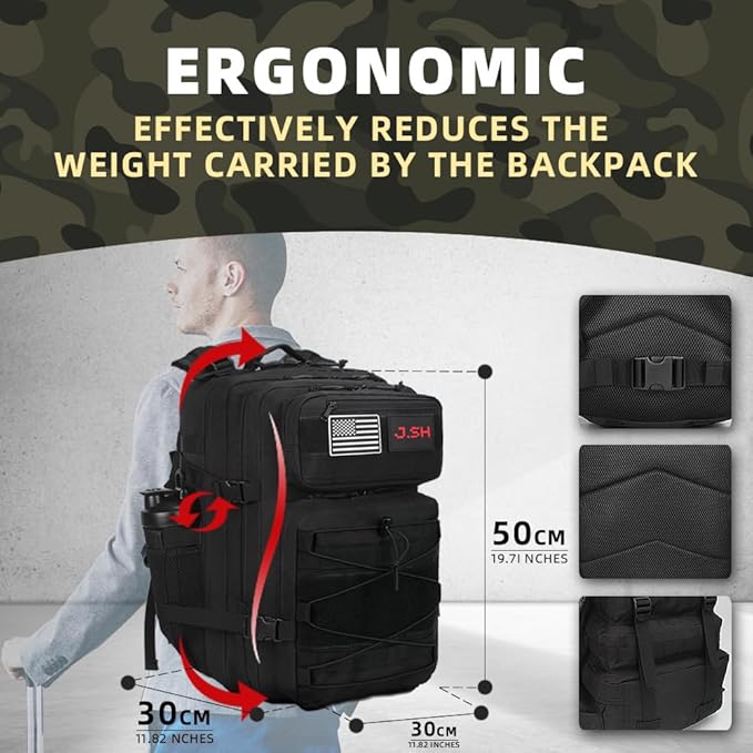 J.SH 45L Large Military Tactical Backpack for Men EDC MOLLE Backpack 900D Oxford Nylon 3-Day Assault Rucking Pack Heavy-Duty Tactical Gear for Outdoor HikingGym Rugged Survival&ampBug Out Bag-B