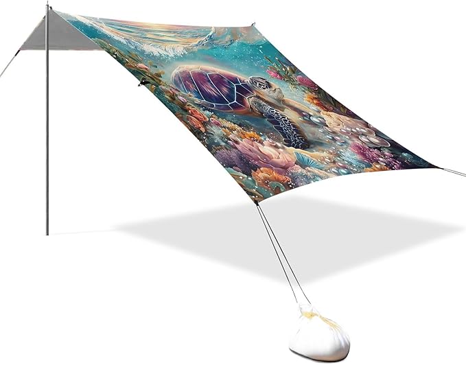ALAZA Sea Turtle Pearls Coral Beach Tent Sun Shelter UPF50+ Protection Beach Shade Canopy w/ 4 Sandbags for Outdoor Camping Fishing Backyard Fun Picnic 10x9 ft