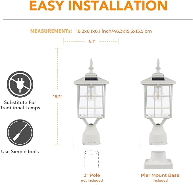 Kemeco ST4224Q-W Solar Post Light Outdoor Led Squared Frame Fixture with 3 Pier Mount Base for Garden Street Pole Landscape Yard Driveway Entryways (White)