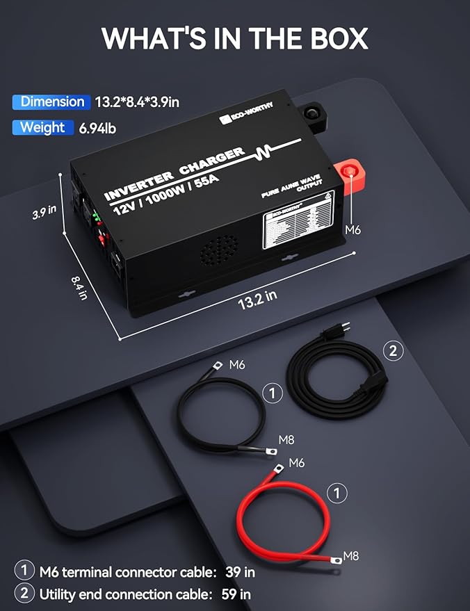 ECO-WORTHY 1000W Pure Sine Wave Inverter Charger Power Inverter with 55A LiFePO4 Battery Charger with 20ms UPS12V to 110V for RV Home Roadtrip Essentials Deep Cycle Rechargeable Battery