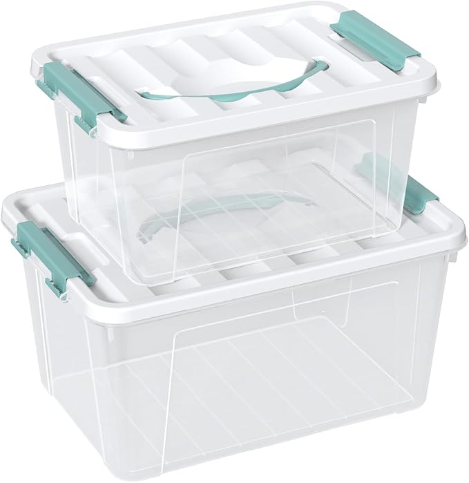2-packs Latch Storage Boxes with Handle 7 Quart &amp 14 Quart Clear plastic Container Tote